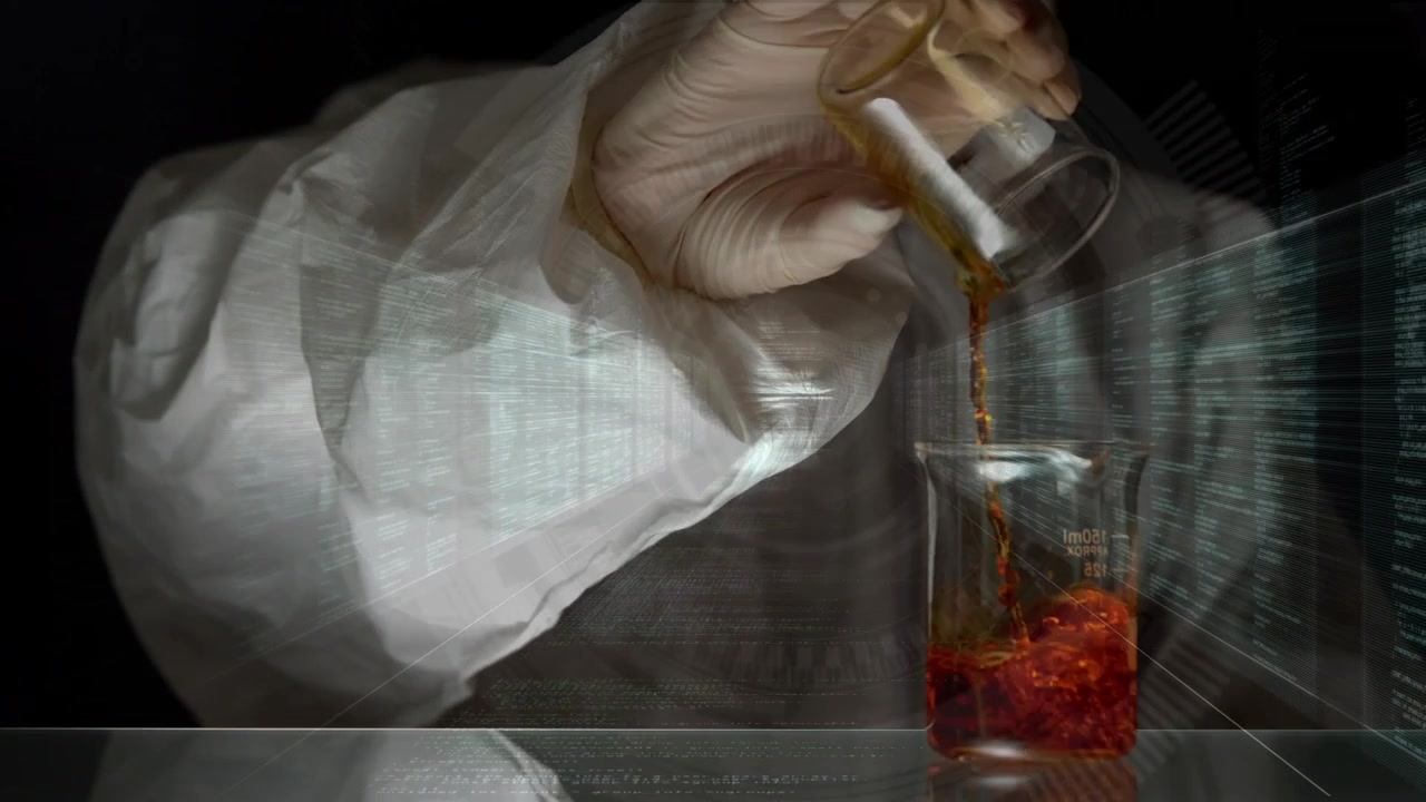 Animazione di elaborazione dati su scienziato caucasico con becher