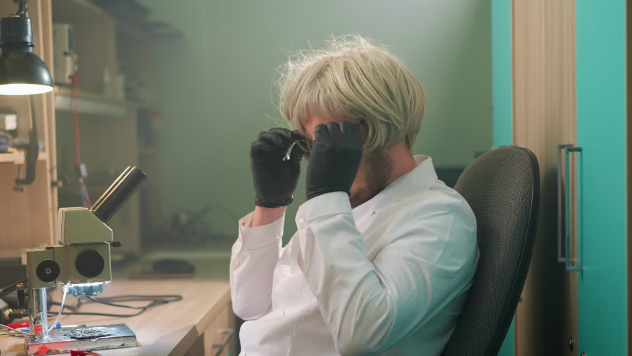 블론드 페리그와 실험실 코트를 입은 기술자가 현미경과 함께 실험실 책상에 앉아 검은 장갑 손으로 안경을 착용하는 클로즈업 뷰