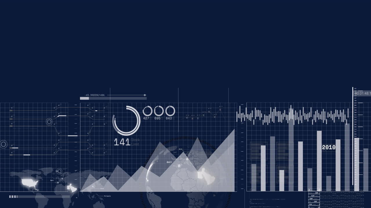 animación del procesamiento de datos financieros en todo el mundo sobre un fondo azul