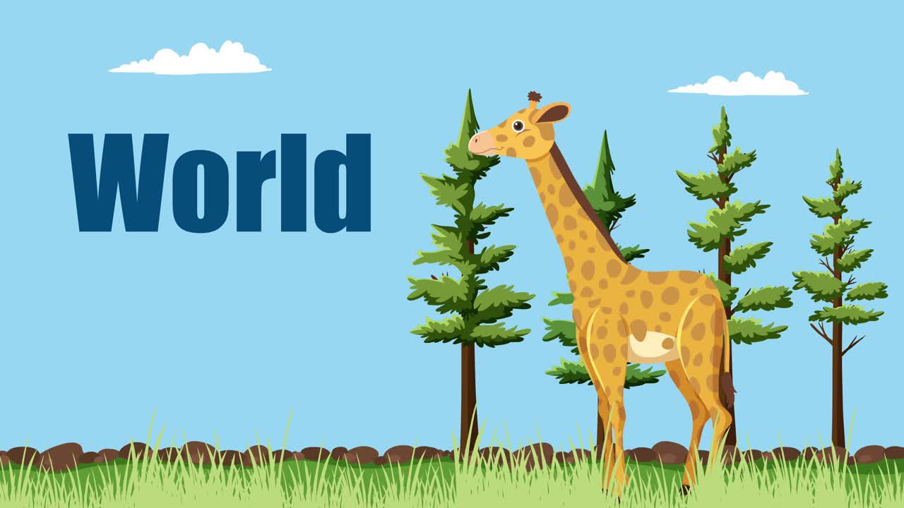 アニメーション化されたジラフがやかな風景のなかで祝います