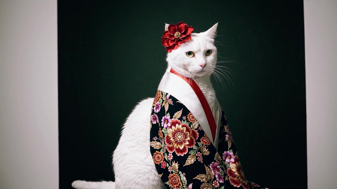 Vit katt klädd i traditionell japansk kimono med blommig huvudbonad