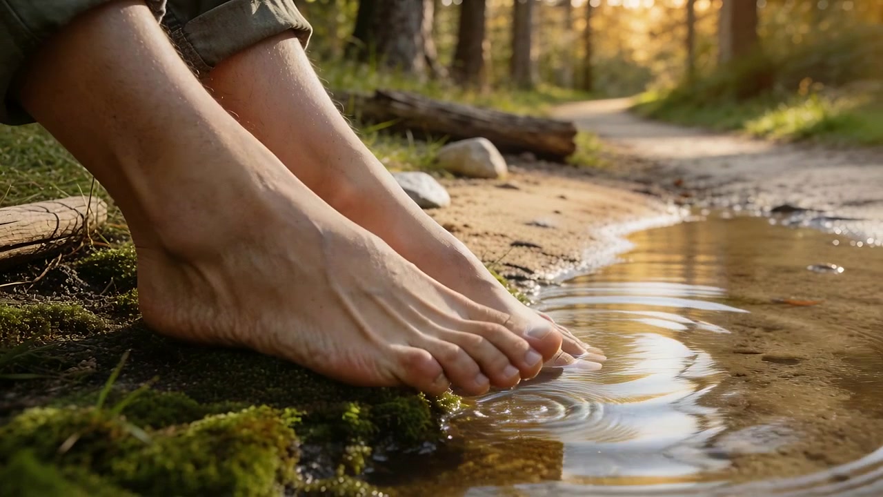 First-touching water with toes, bare feet in rolled-up khaki pants dipping in mossy stream, resting