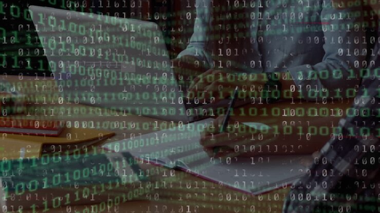 Binary coding data processing against mid section of students studying and using laptop