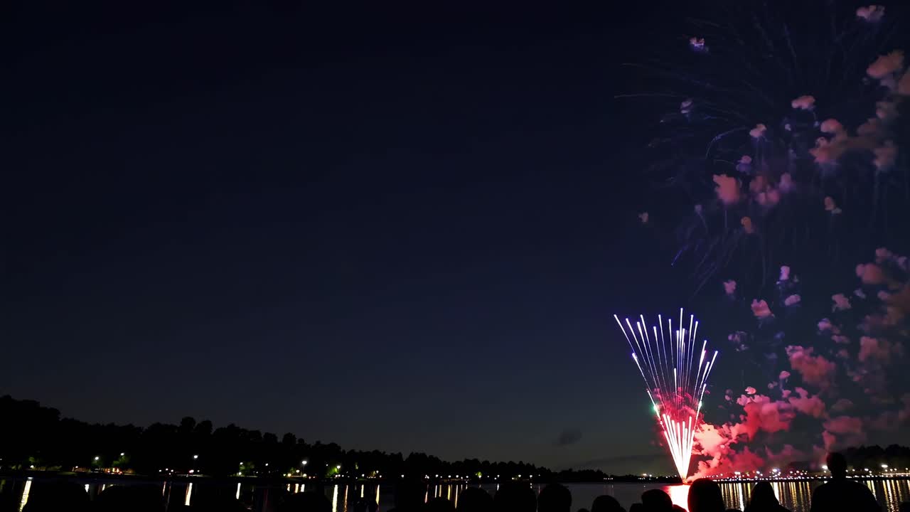 A wide-angle video captures vibrant fireworks exploding over a serene lake at night