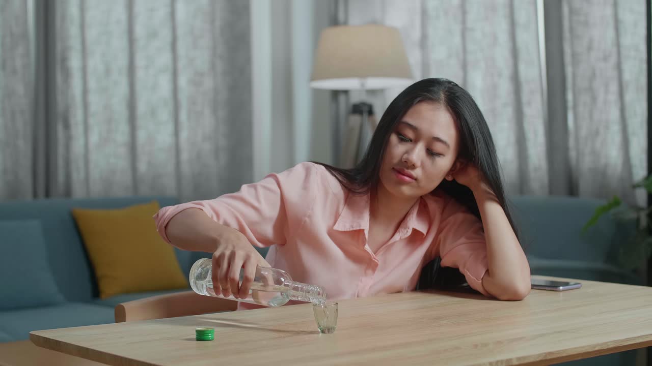 술에 취한 아시아 여성이 스마트폰을 가지고 테이블 위에 보드카를 글라스에 부어 병에 환호하고 집에서 마시기 전에