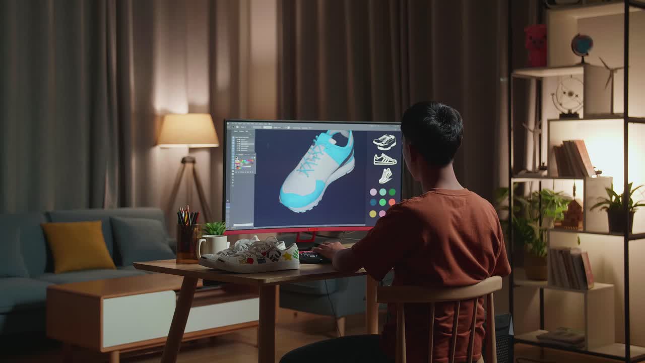 Designer che lavora alle scarpe di notte
