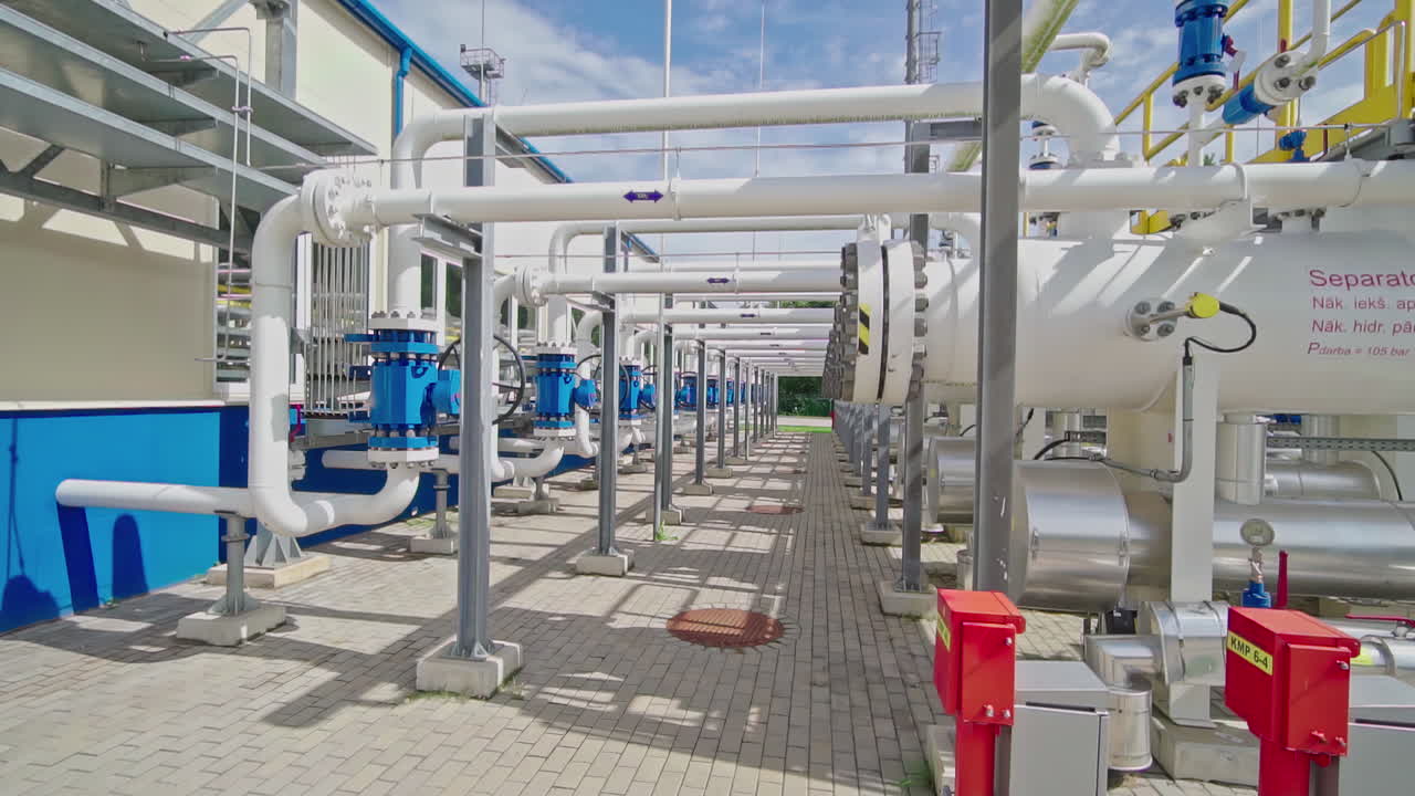 천연 가스 압축 스테이션에서 분리기와 파이프 라인을 돌아다니는,  ⁇ 은 날