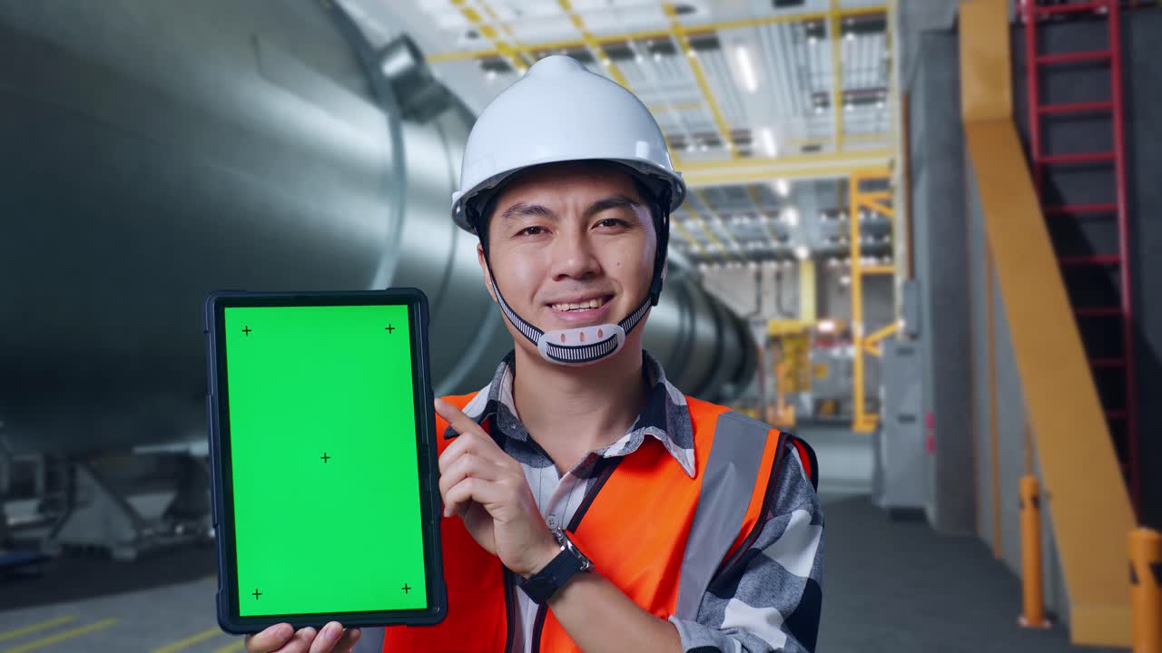 공장에서 녹색 화면을 가진 태블릿을 들고 있는 엔지니어