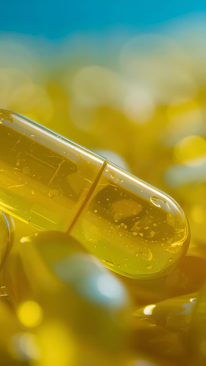 Vertical video: Panning camera over yellow softgel capsule revealing glossy bubbles in macro studio