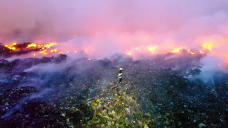 un dron aéreo de 4k le disparó a un bombero parado entre llamas y humo, depósito de chatarra ardiendo hasta el suelo, en santo domingo, república dominicana