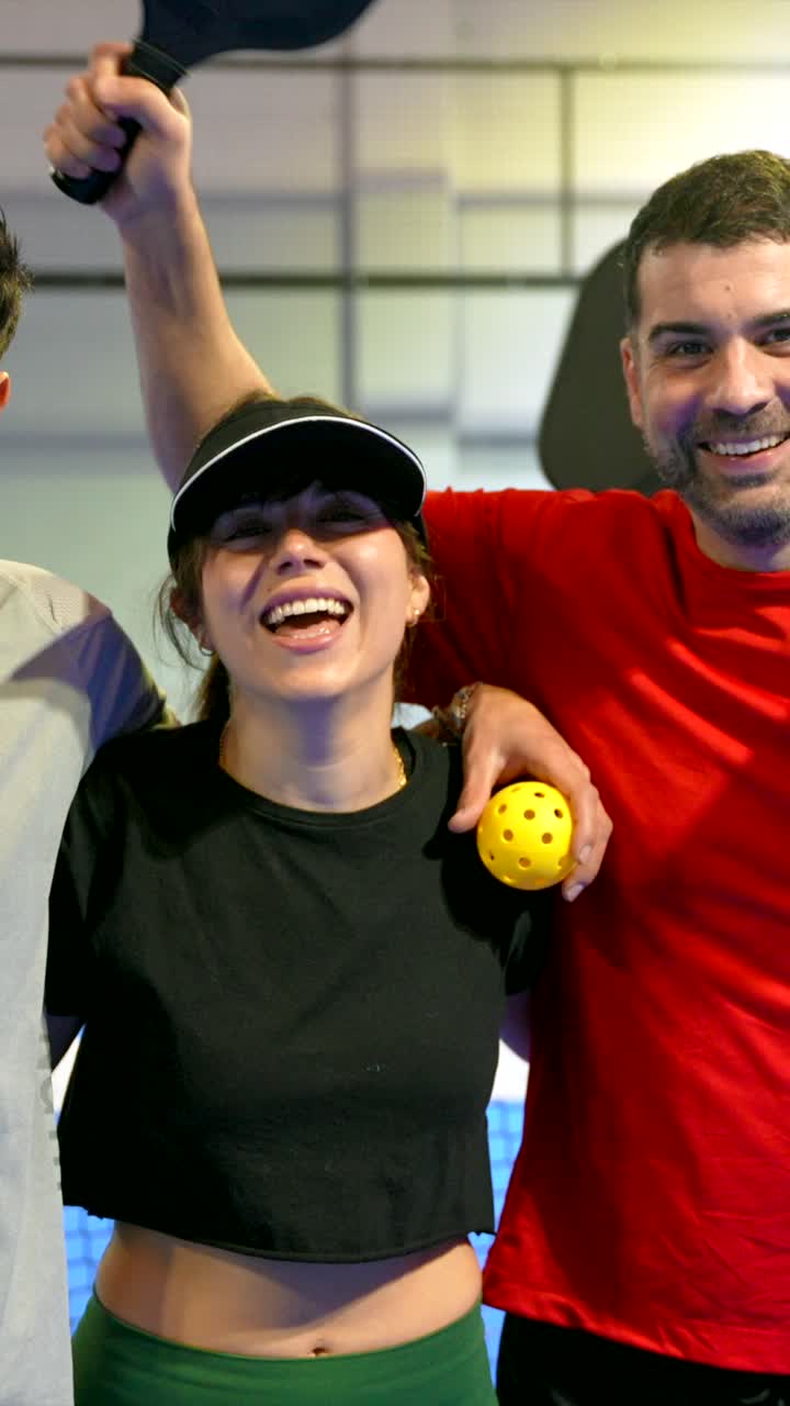 Grupo Feliz de Jugadores de Pickleball Posando en una Cancha Cubierta