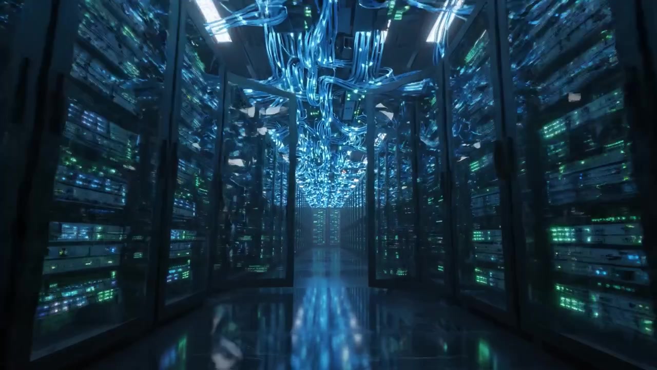 High-Tech Data Center with Advanced Server Racks and Illuminated Network Cables Showcasing Cutting-Edge Technology in a Modern Computing Environment