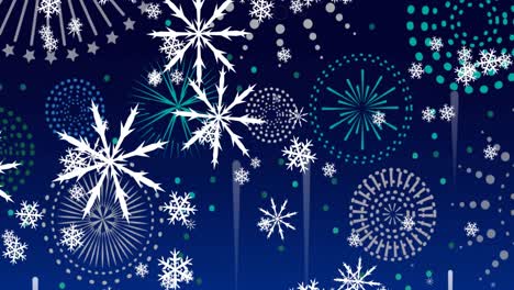 animation of christmas snowflakes and new year fireworks, on blue background