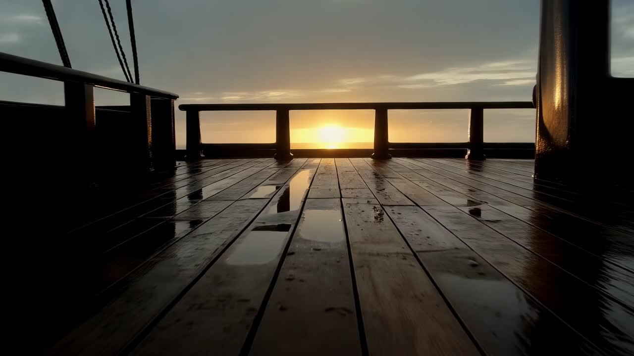 Sliding camera moving forward on wet deck with sun rising, revealing glare between rail posts
