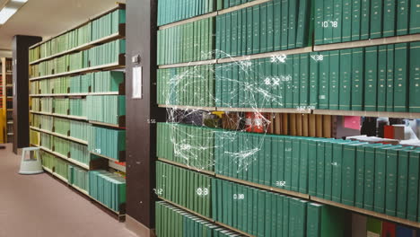 Animation of globe with network of connections over shelves with books in library