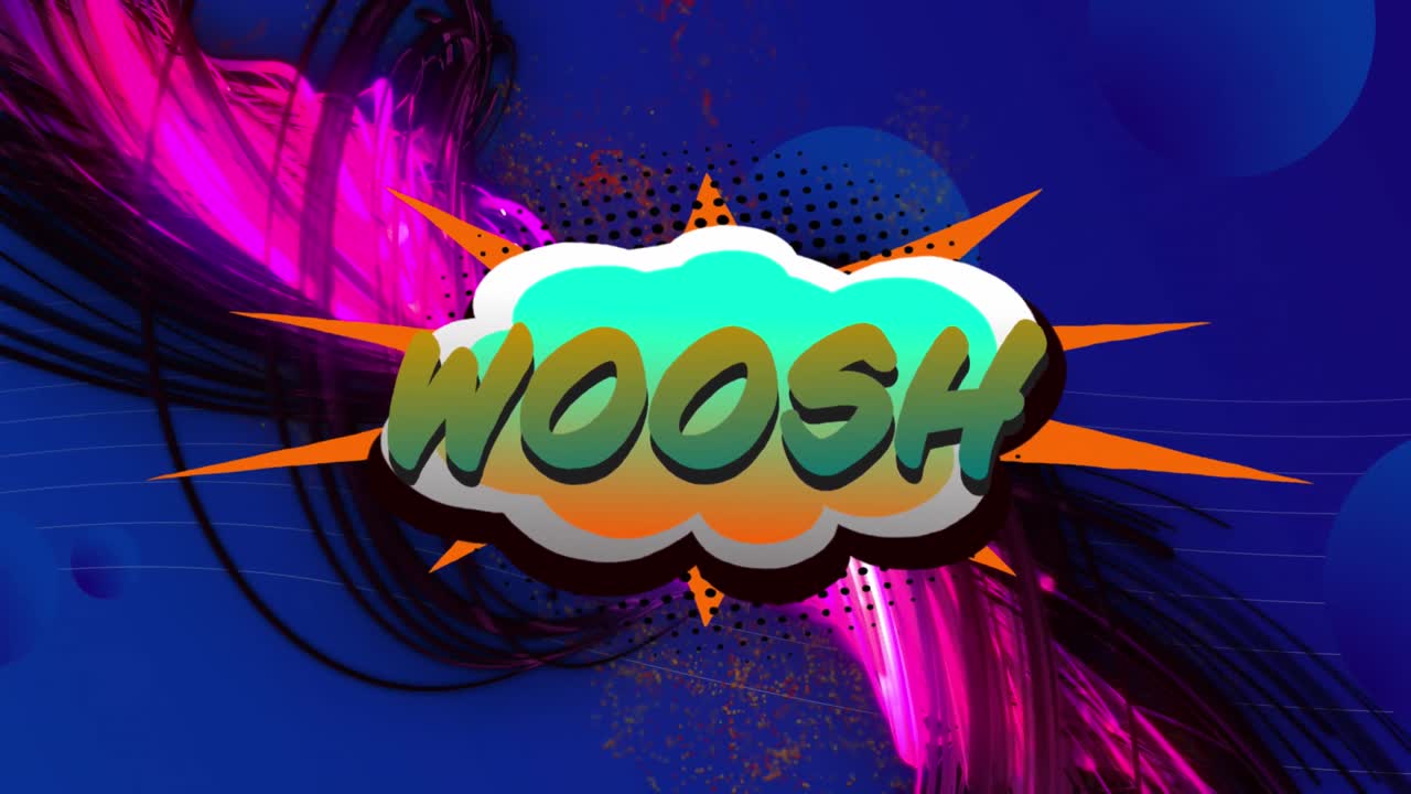 animación de texto woosh en burbuja de habla retro y fondo con patrones.