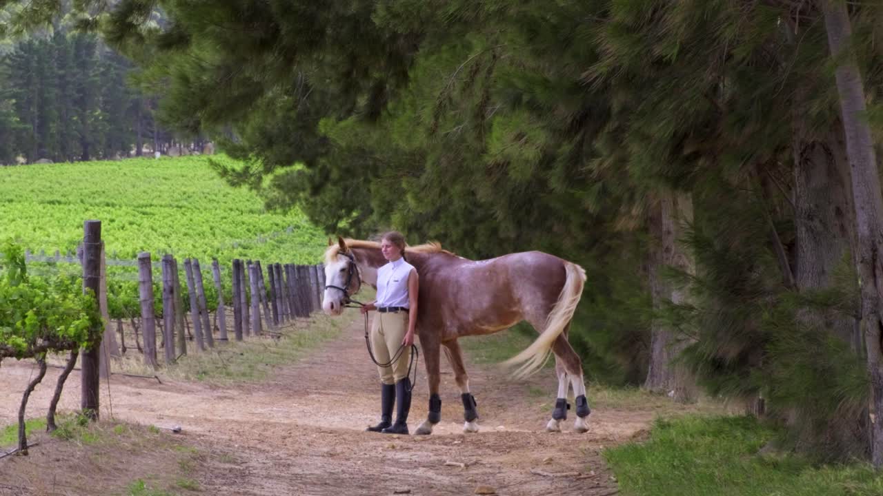 Walking with horse in windy woodland with fence