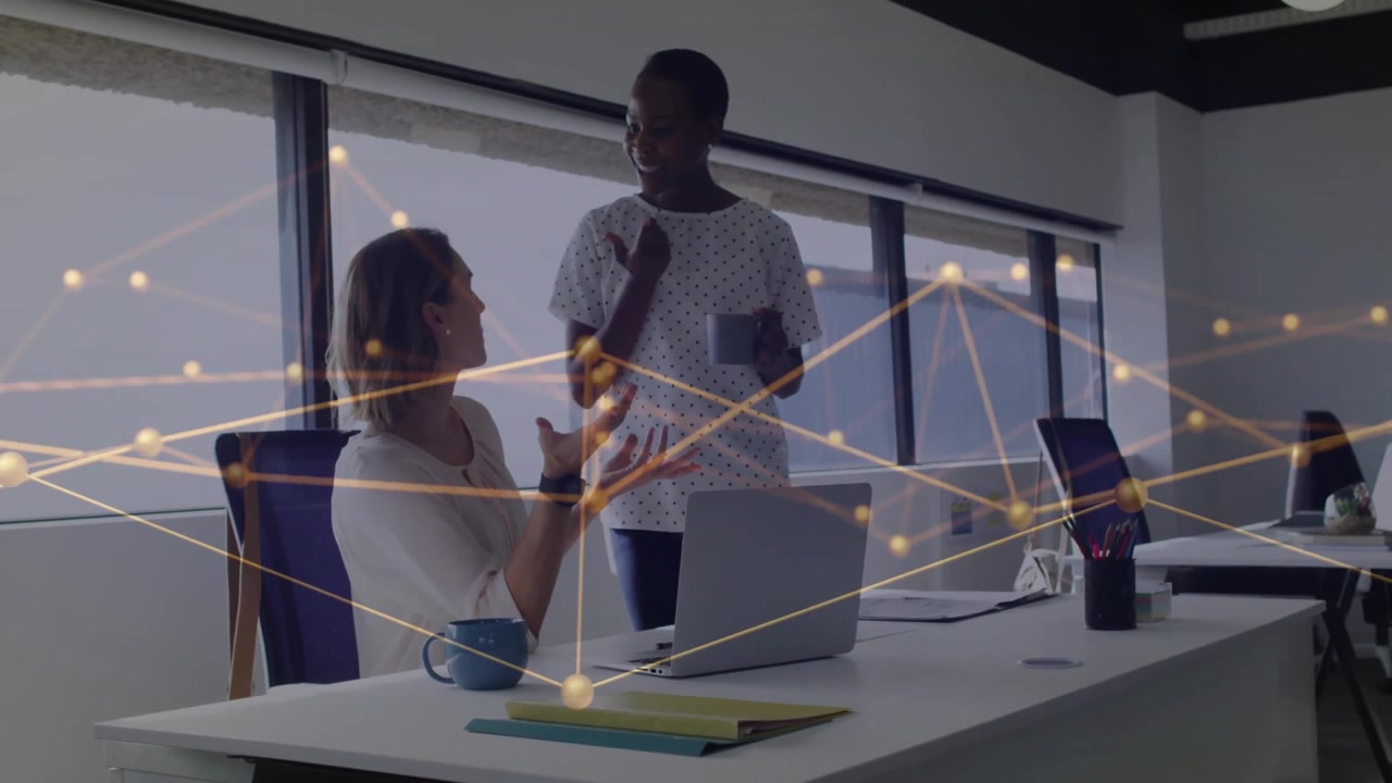 Discussing work, colleagues in office with network and data processing animation
