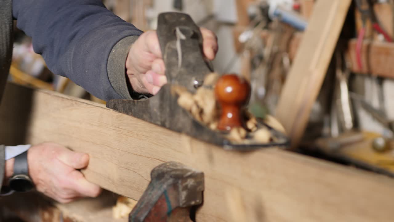 Close-up on Hand Plane, Woodworking Precision, Carpentry Tools