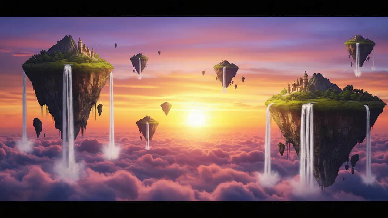 A Stunning View of Floating Islands Over a Vibrant Sunset: Ethereal Landscapes with Waterfalls and Majestic Mountains Set Against a Dreamy Sky