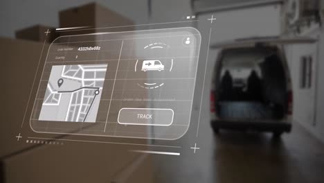 animation of digital interface with map and data processing over warehouse