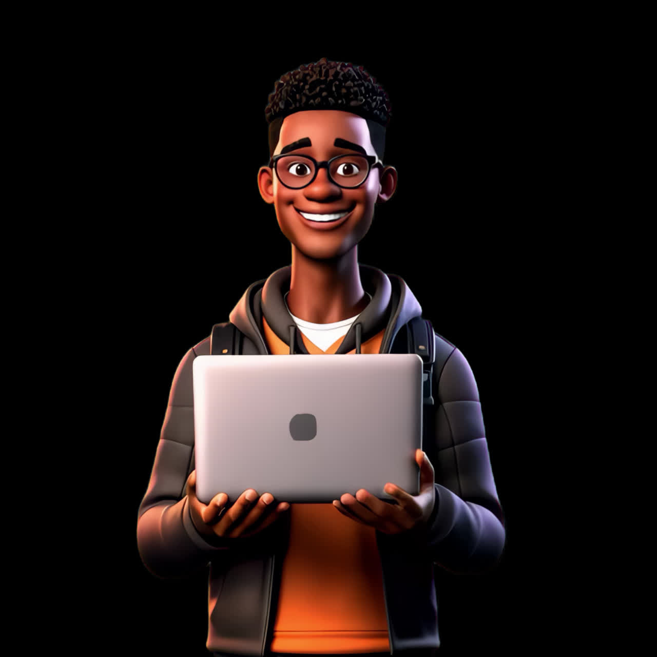 Smiling student holding laptop animation isolated asset, transparent 4K video, alpha channel, ProRes
