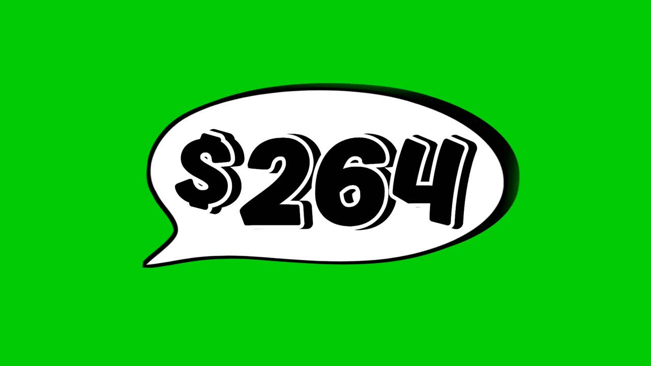 Green screen animation of a "$264 " price in a speech bubble. Perfect for sales, ads, or promo videos. Easy to use and customize in your projects video element