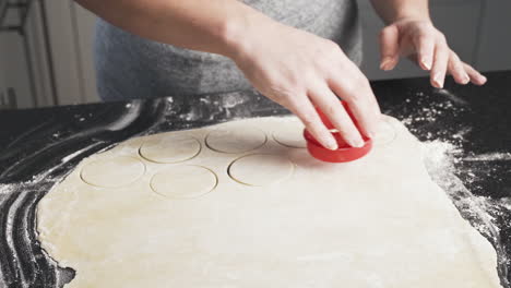 lady using a cookie cutter to cut shapes of dough rolled out on her counter