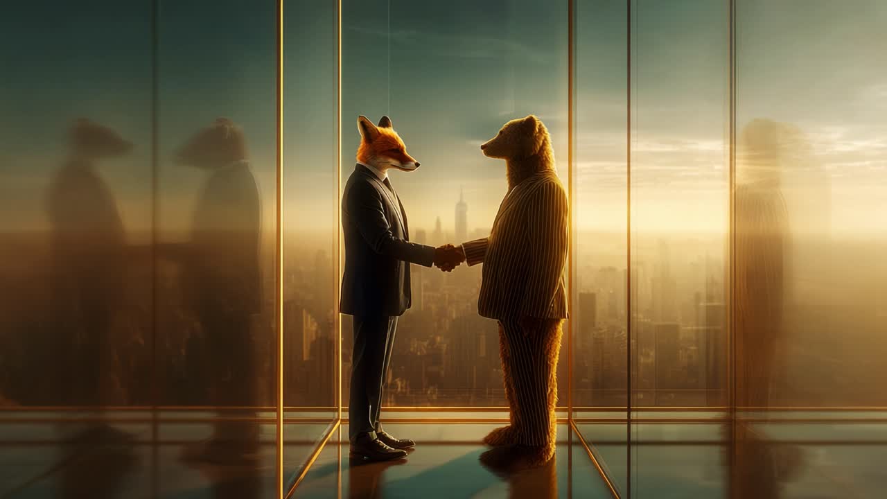 An Unlikely Alliance: A Fox and a Bear Shake Hands in a Modern Skyscraper, Capturing the Essence of Friendship and Cooperation Amidst a Stunning Urban Backdrop