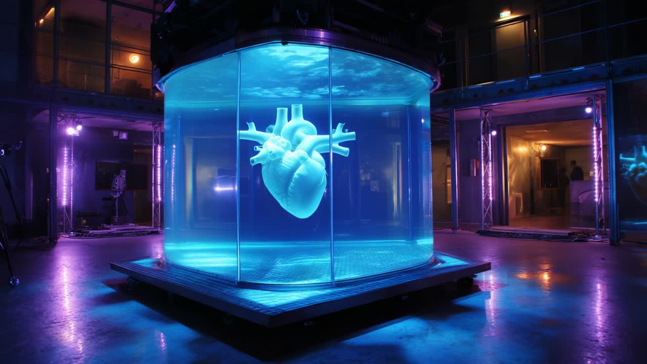 An Intricate Display of Human Anatomy: A Heart Suspended in Crystal Clear Water Surrounded by Innovative Lighting, Showcasing the Depths of Medical Research and Art in Perfect Harmony