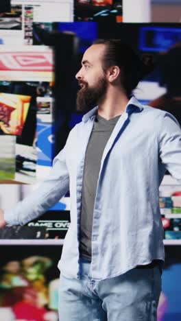 vertical video determined guy admires social media visuals and user interface elements