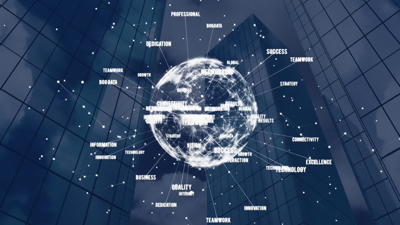 비즈니스 단어들로 구성된 회전하는 지구의 애니메이션