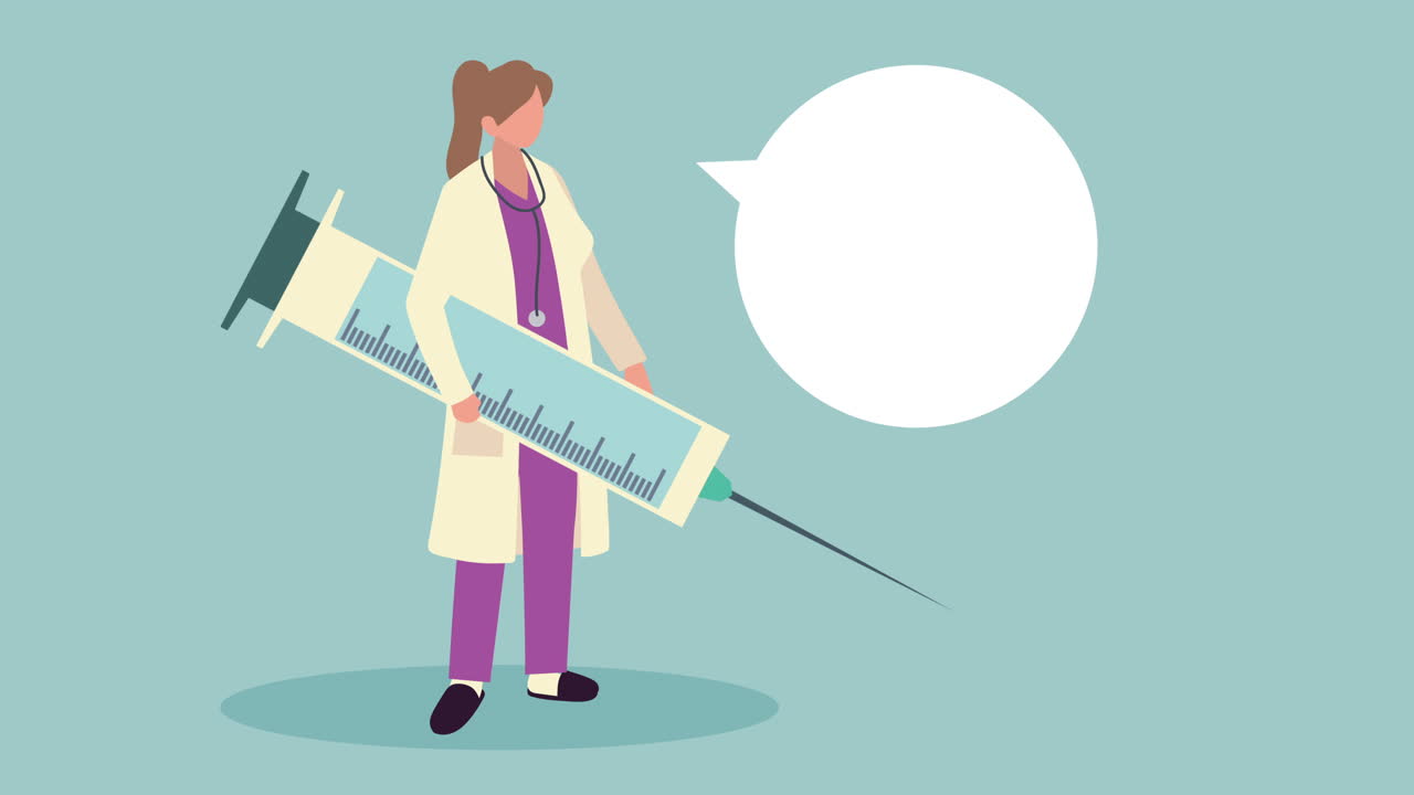 женщина-лекарь с шприцом для вакцины и пузырьком для речи