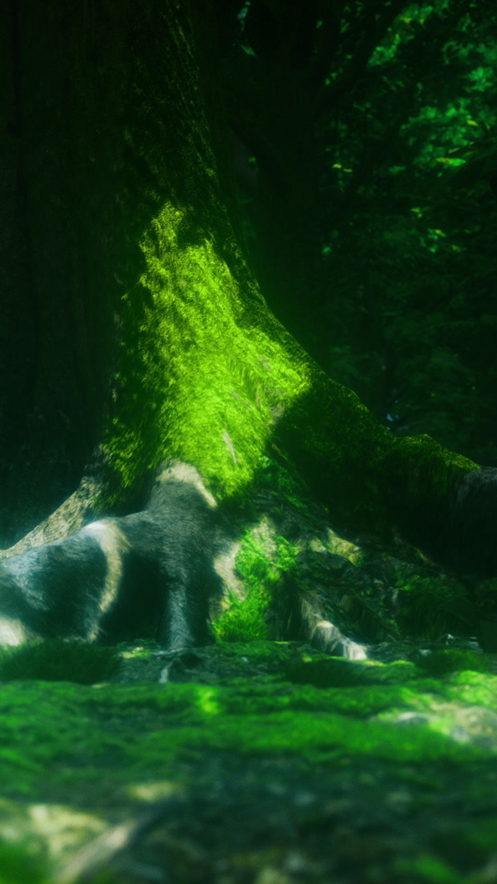 Moss covers tree roots in a dense forest area during daylight