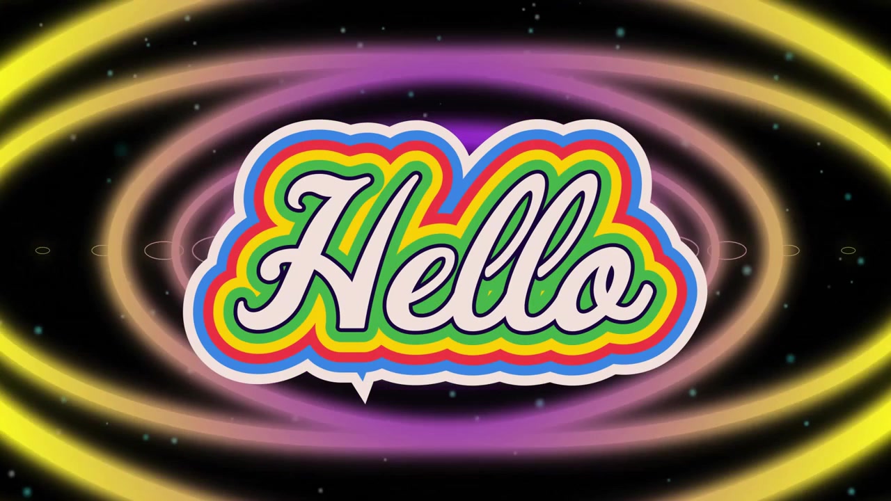 Stylized Hello text floating over starry field with neon rings, rainbow outline and turquoise dots