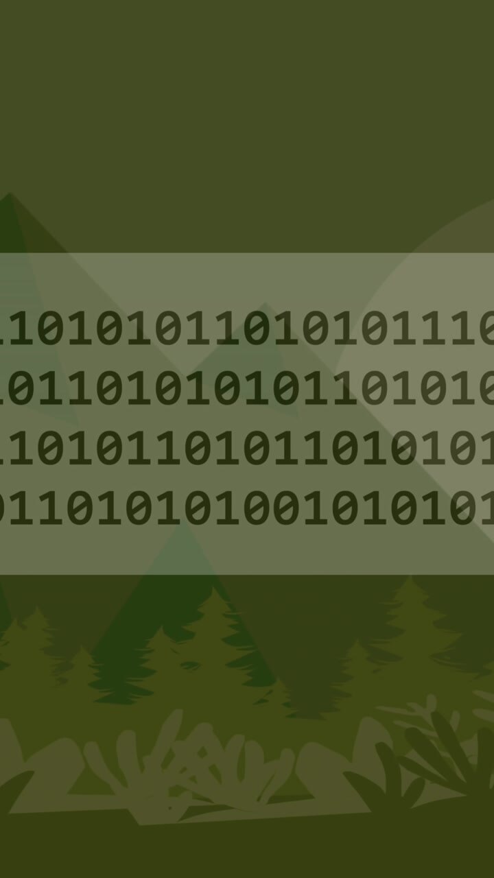 Animation of binary coding and icons over landscape