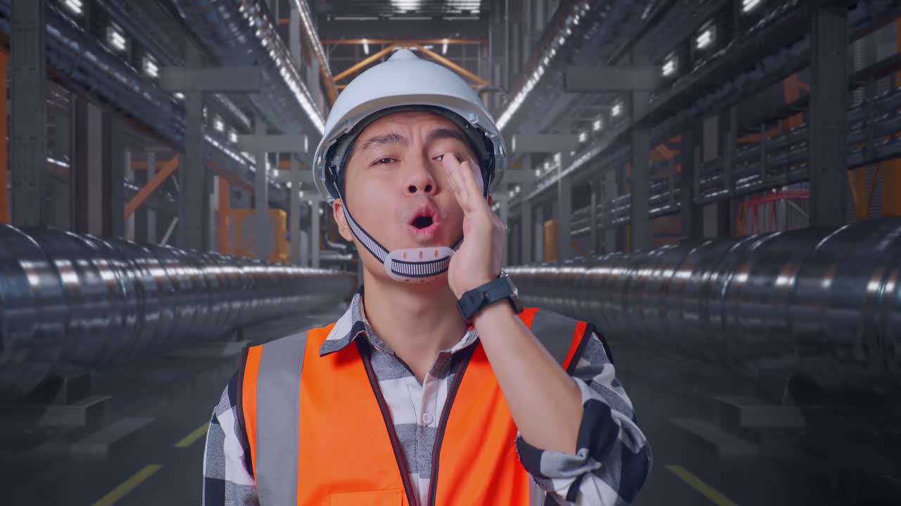Close Up Of Asian Male Engineer With Safety Helmet Yelling With Hand Over Mouth While Standing With Metal Pipes