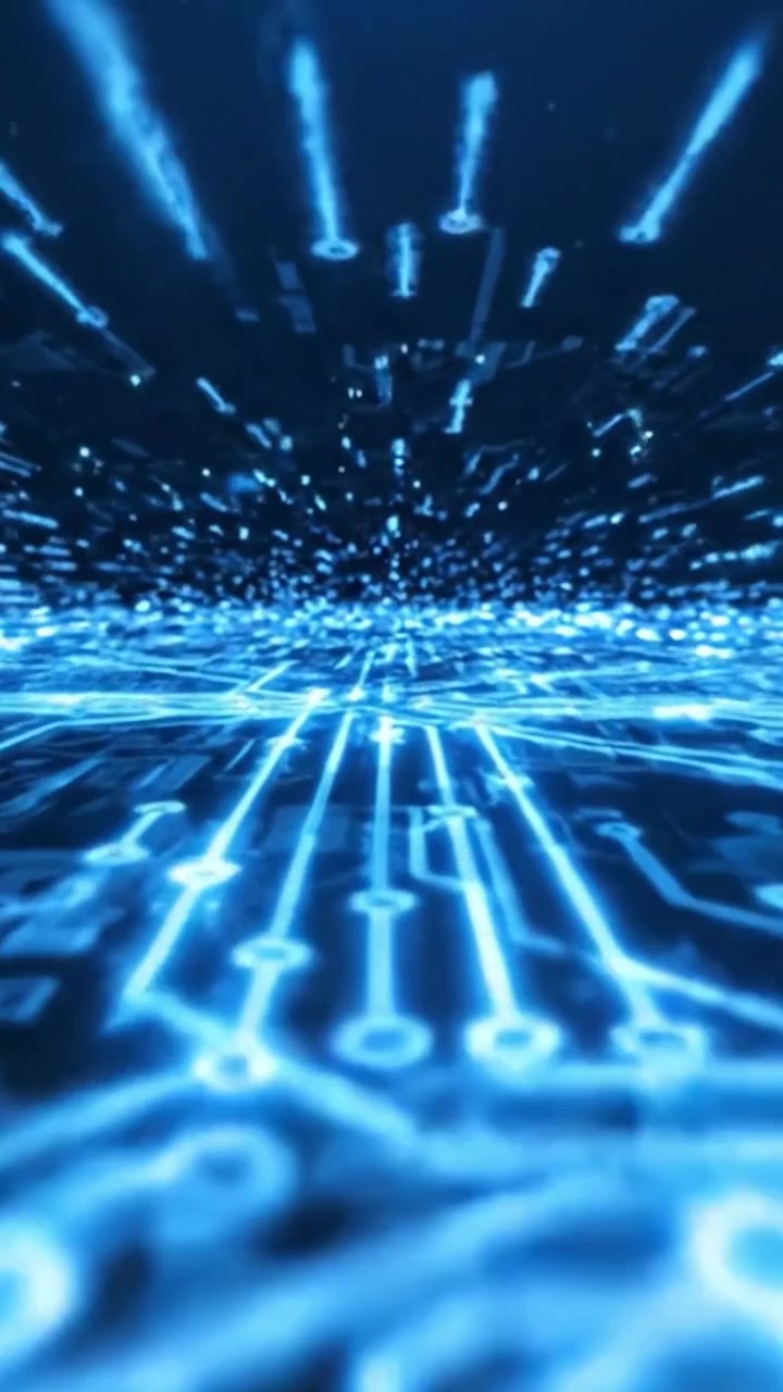 Viaggio visivo dinamico attraverso un paesaggio futuristico di circuiti stampati che rappresenta il flusso di dati e la connettività digitale in un ambiente astratto.