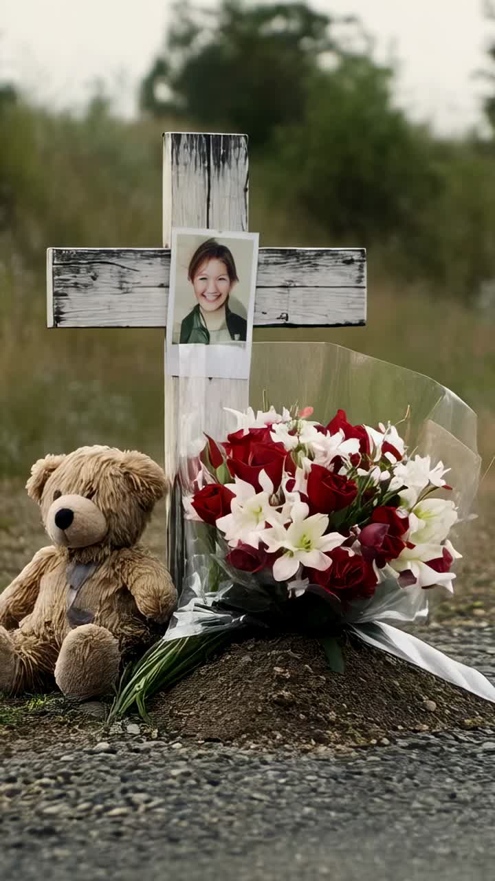 Video verticale: ripresa di un monumento commemorativo stradale con carrellata verso destra che mostra una croce, un ritratto, un orso e delle rose