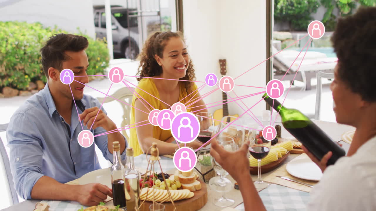People enjoying meal at home with social network connections overlay animation