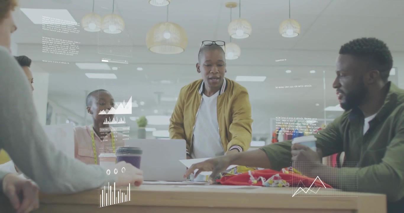 Diverse Business Team Meeting with Digital Data Overlays