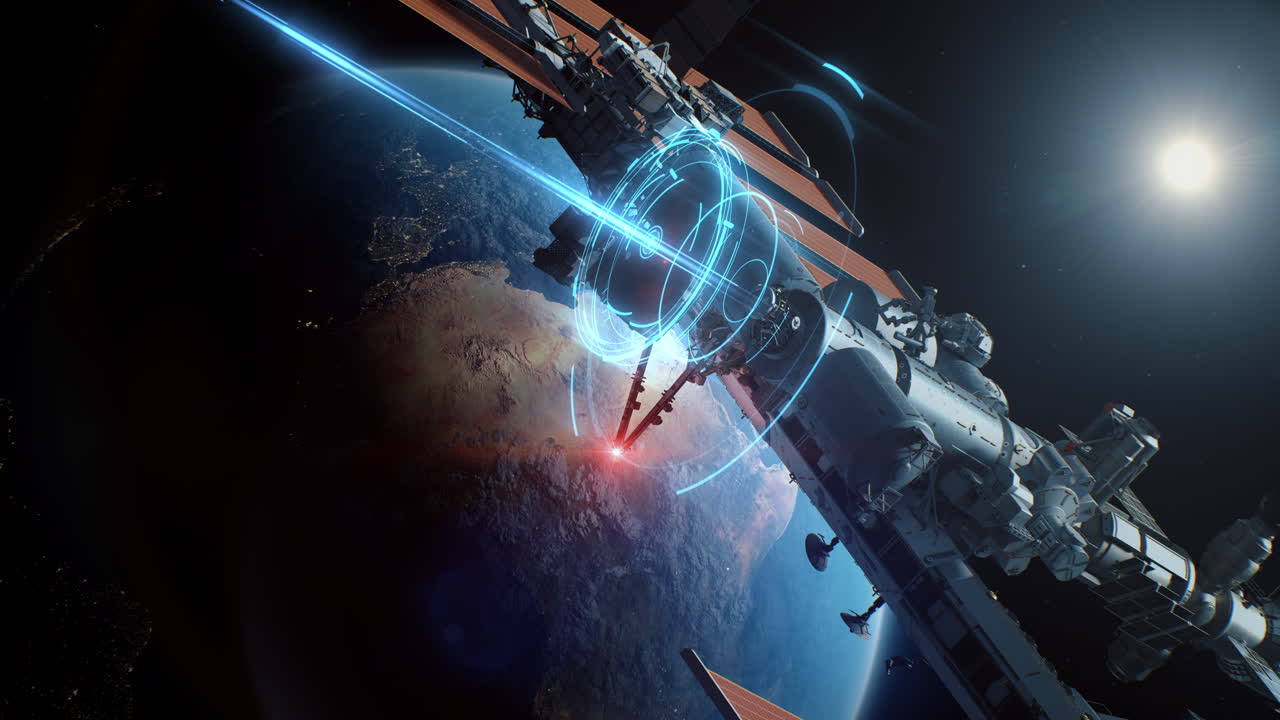 Space Station Orbiting Earth with Holographic Interface