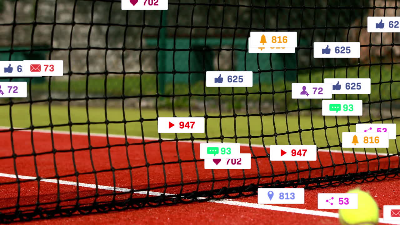 Social media engagement animating across tennis net, floating notifications over clay grass courts