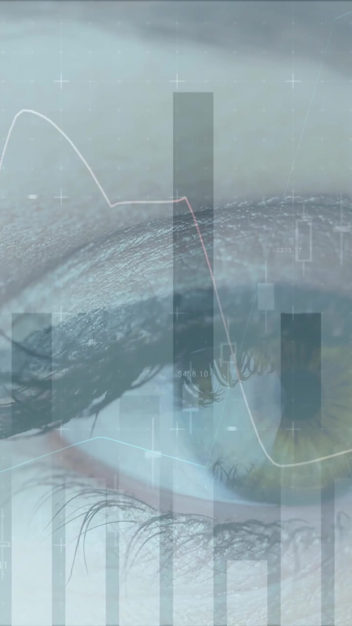 Animation of statistics and data processing over woman's eye in background