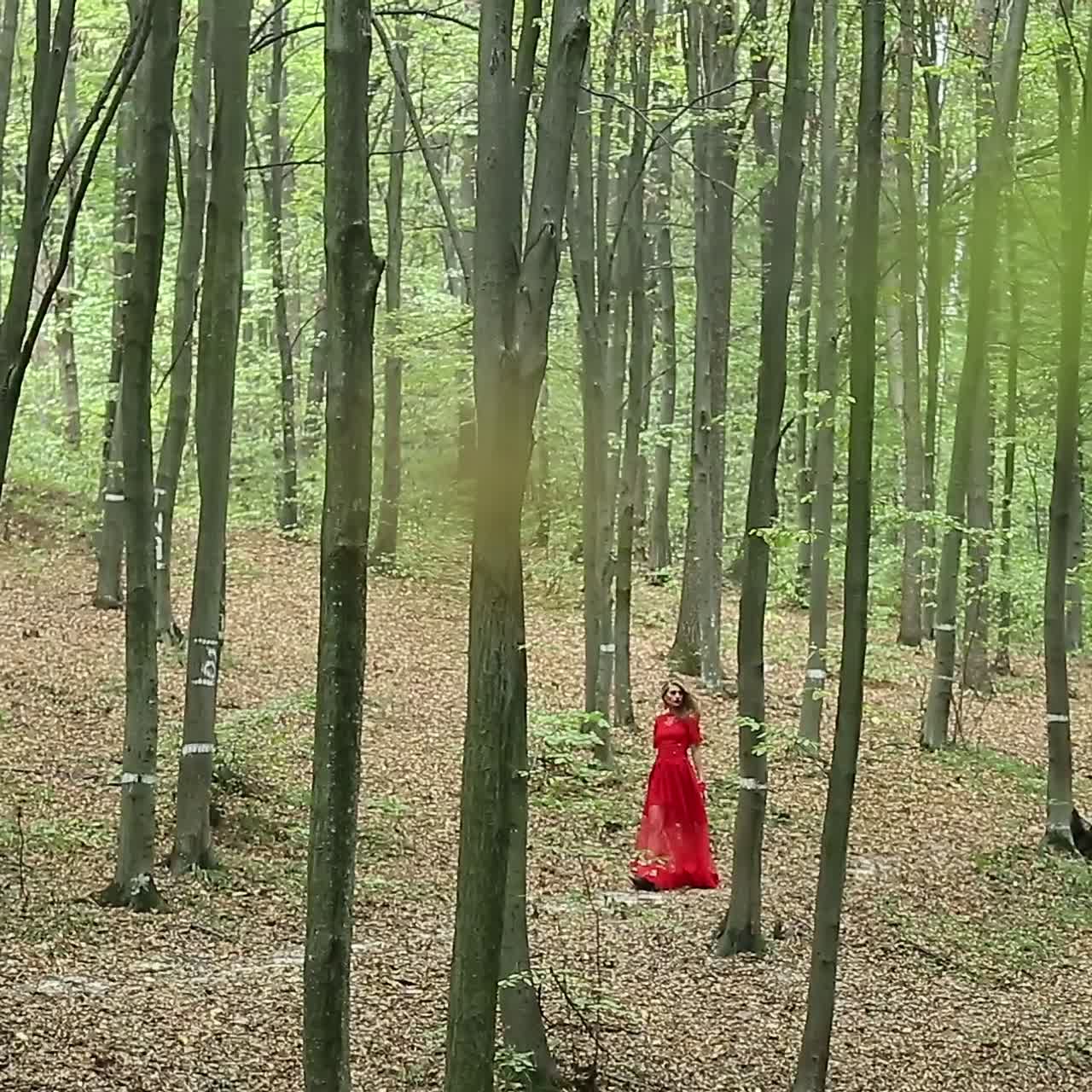 Woman Walking In Mysterious Forest