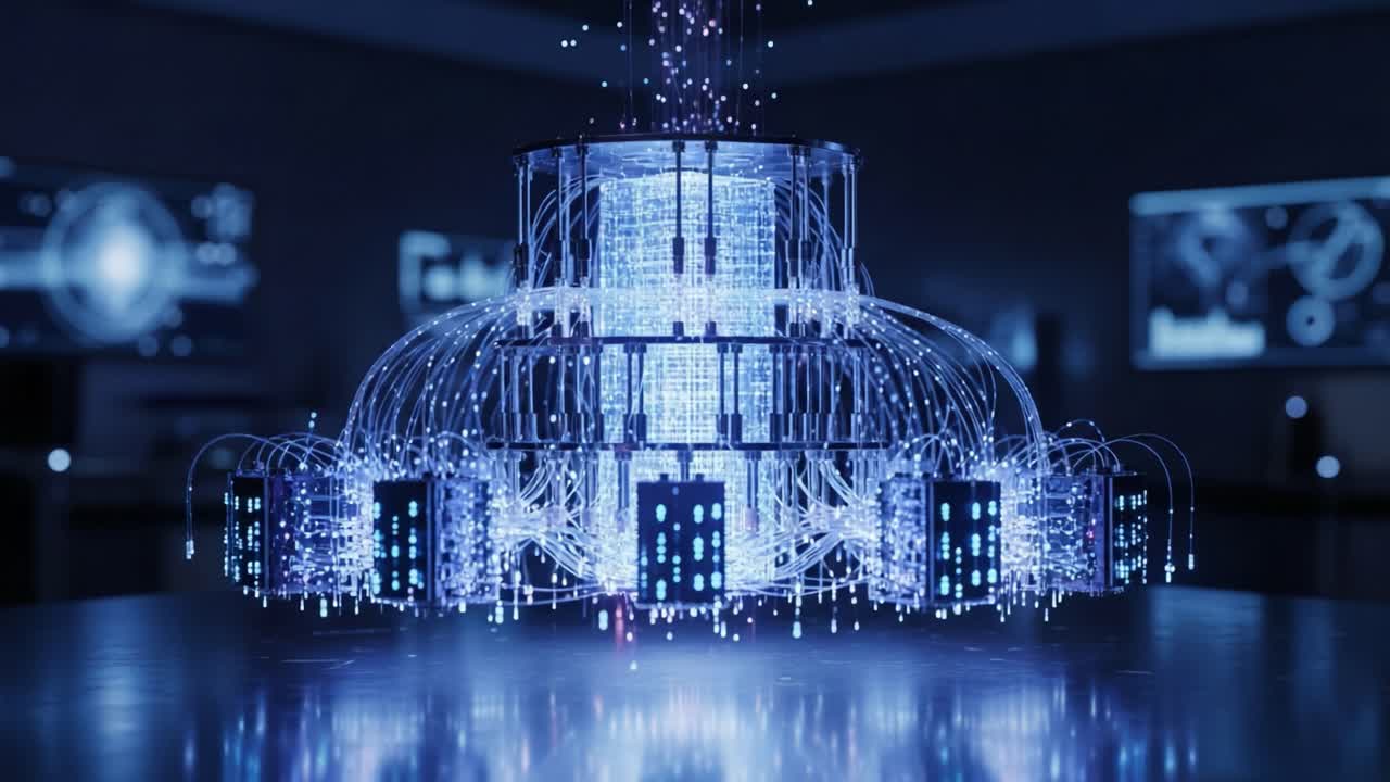 A Captivating Glimpse into the Future of Technology: A Stunning Luminescent Structure with Dynamic Data Streams and Digital Elements Representing Advanced Computing Processes