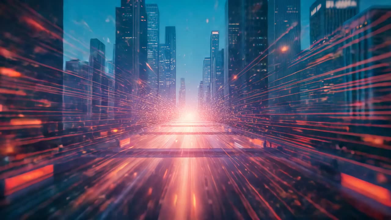 Neon light trails speeding along boulevard being spurred by glowing horizon with skyscrapers