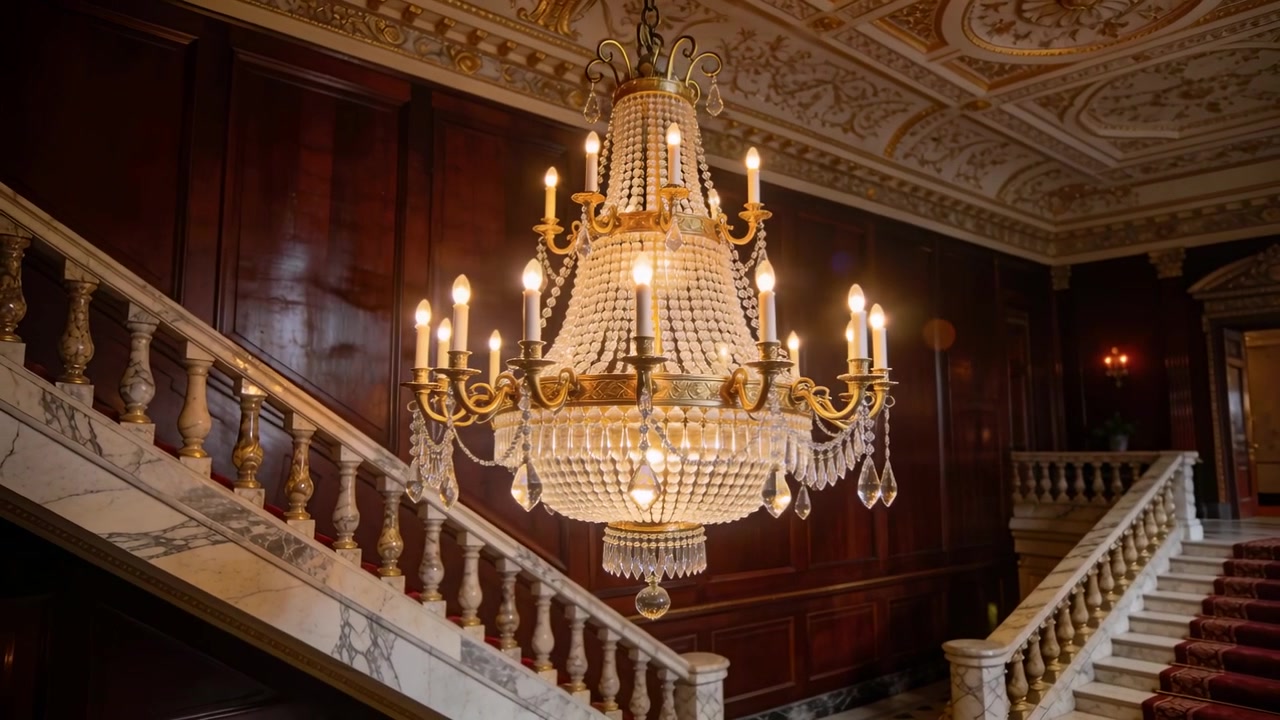 Telecamera che zooma muovendosi verso un lampadario di cristallo a più livelli nell'atrio, per rivelare un arredamento opulento.