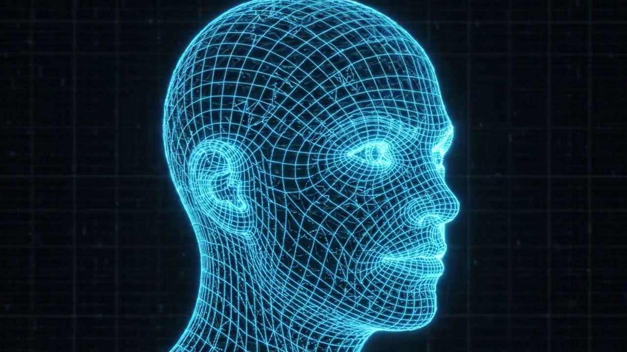 A Stunning 3D Wireframe Representation of a Human Head, Displaying Intricate Mesh Patterns and Lifelike Features in a Digital and Futuristic Style