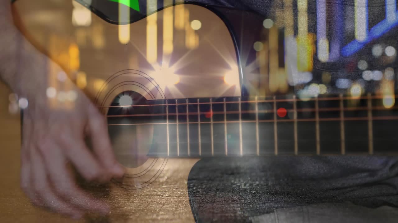 Right-hand appearing plucking strumming guitar strings syncing candlesticks showing market rhythm